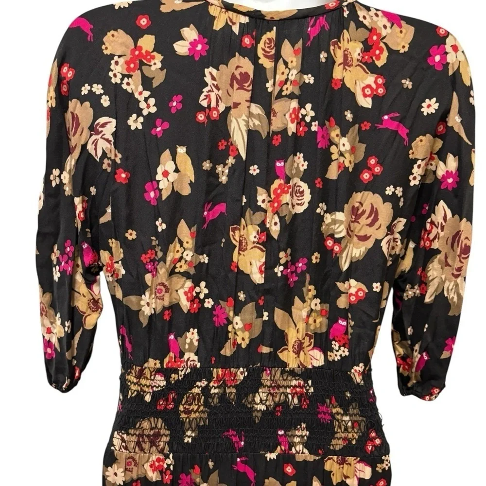 Kate Spade Floral Bouquet Silk Twill Midi Dress Sz XS Smocked Tiered Fall Love